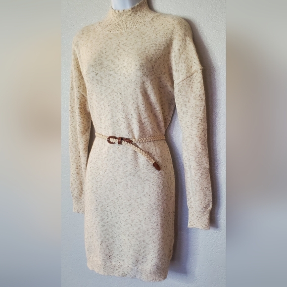 Neutral Mock Neck Belted Cream Knit Sweater Dress Size Medium - Picture 6 of 8